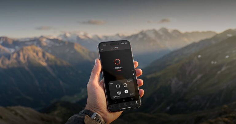 Smartphone mit der AJAX App vor einem Bergpanorama