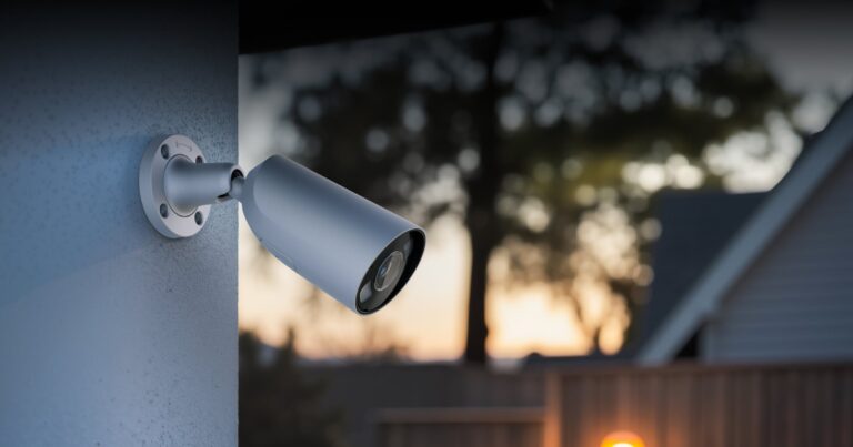 AJAX Überwachungskamera an der Hauswand mit Blick in den Garten